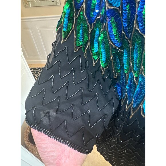 Vintage Sequin Peacock Feather Top Black Silk Blouse By Tenay Heavily Beaded - Picture 7 of 12